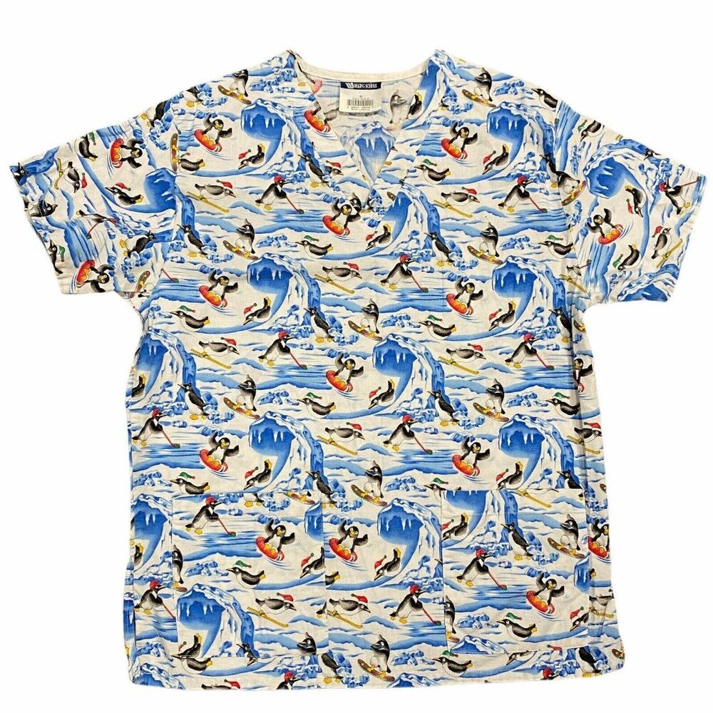 Christmas Novelty Scrub Uniform Top Penguin Print Working Scrubs M Short Sleeve
